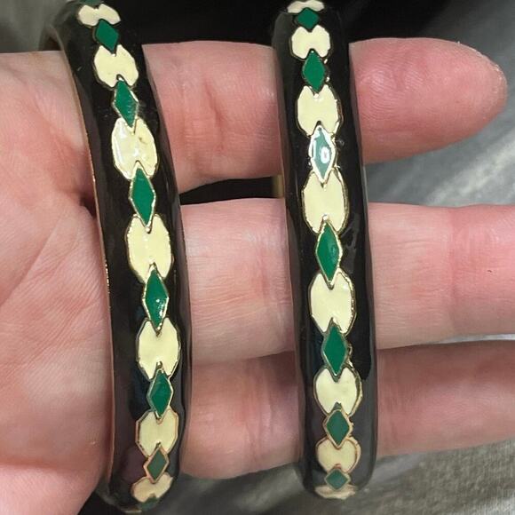 J. Crew VINTAGE 90s Enamel‎ Black White Green Statement Bangle Bracelet Set - Picture 7 of 7